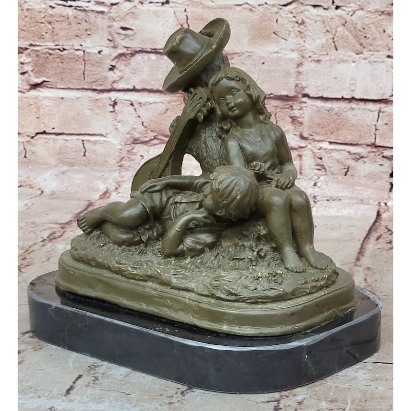 Bronze Children Resting Sculpture – Boy And Girl Figurine With Guitar And Hat