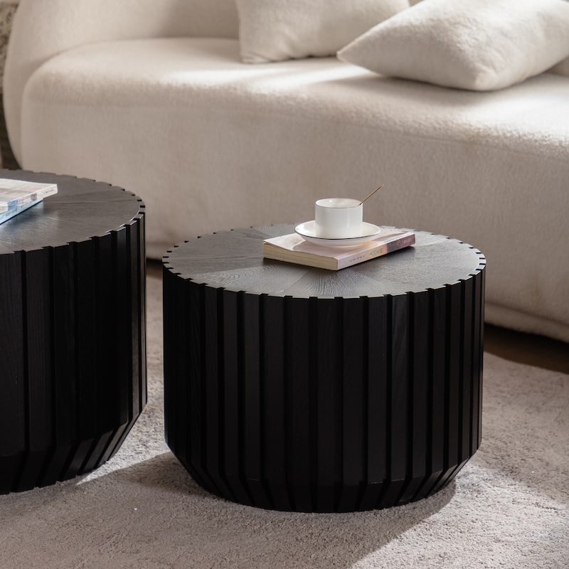 Coffee Table Nesting End Table Set of 2, Modern Black Fluted Coffee Table, Wood Side Table, Circle Accent Tables