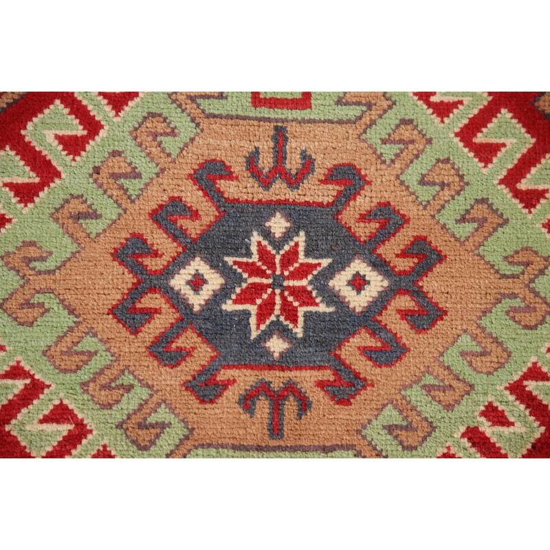 Geometric Red Kazak Rug Hand-Knotted Traditional Bedroom Wool Carpet - 3'4"x 4'10"