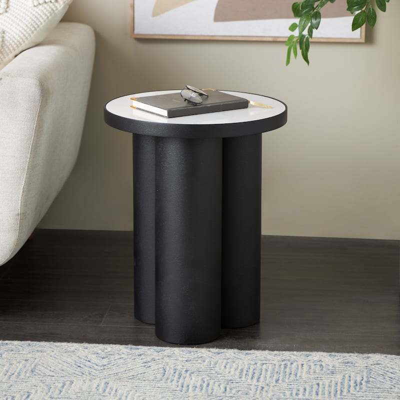 Black Metal Side End Accent Table with White Marble Tabletop - Black