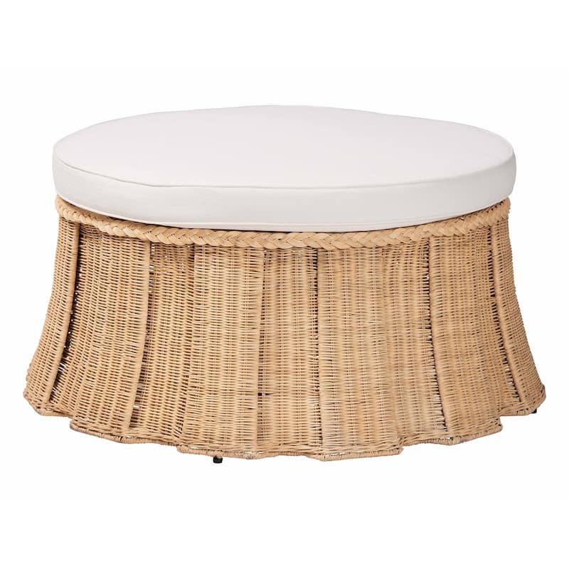Ying Round Natural Rattan Ottoman with Cushion - Handwoven Wicker Pleated Skirt Accent Coffee Table or Extra Seating - Large