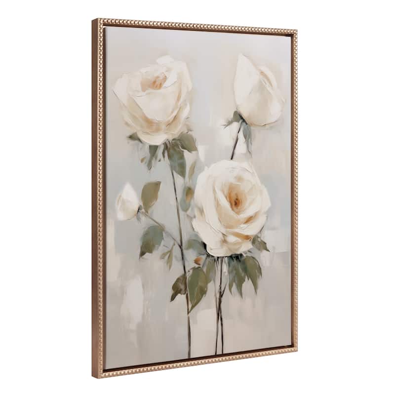 Kate and Laurel Sylvie Beaded Soft White Roses Framed Canvas - 23x33 - Gold