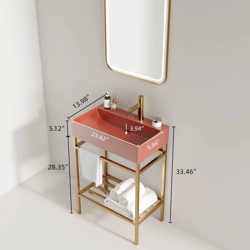 23.62 Inch Bathroom Vanity with Durable Ceramic Basin, Towel Bar, and Stainless Steel Storage Shelf - 23.62in L