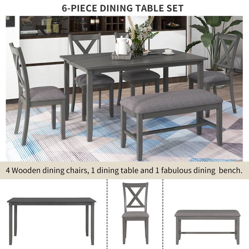 Traditional 6-Piece Wooden Dining Table Set with 4 Upholstered Chairs and Bench