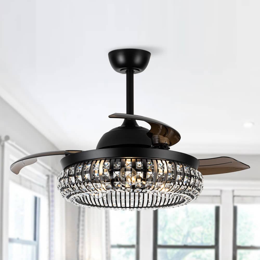 42" Modern Black 3-Light Crystal Ceiling Fan Chandelier with Remote
