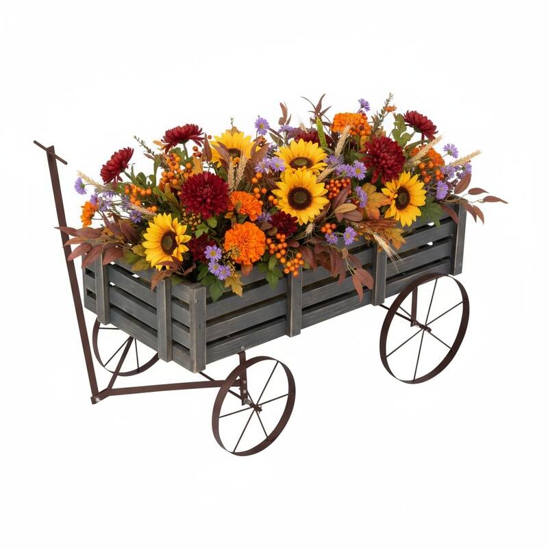Goldcoast 51" Rustic Wagon Garden Planter with Metal Wheels
