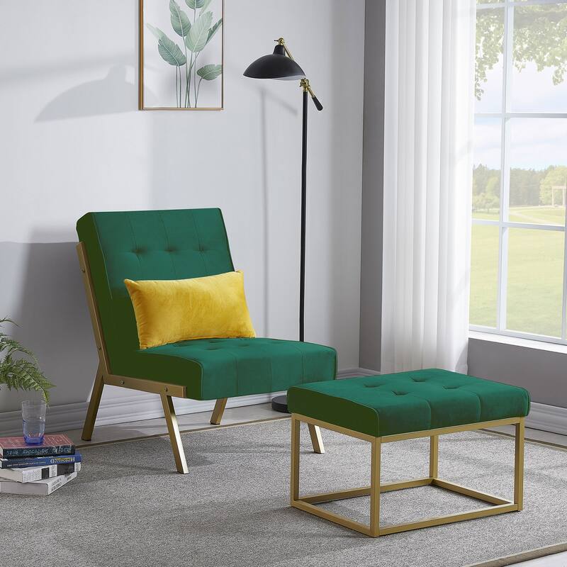 Gold Metal Frame Velvet Accent Chair with Ottoman - Olive Green