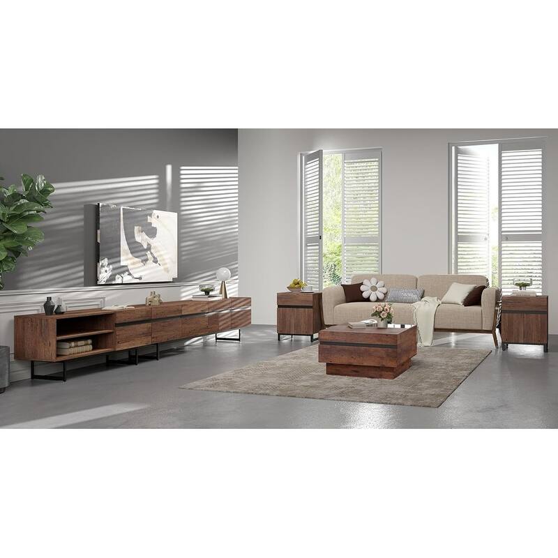 WAMPAT Living Room Table Sets of 4, 70 Inch TV Stand，1 Square Coffee Table and 2 End Table - 113 Inch TV Stand Set of 4