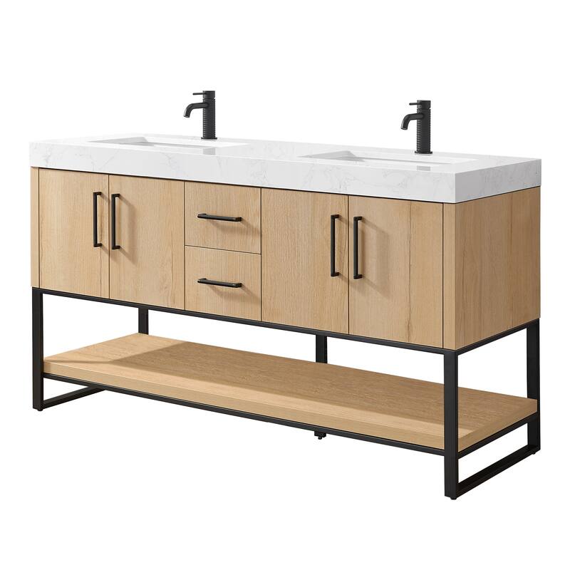 Kolkata Bathroom Vanity in Weathered Oak without Mirror - 60" Double Sink - Matte Black Hardware