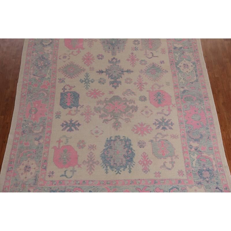 Hand Knotted Oriental 100% Wool Carpet Transitional All-Over Beige & Ivories Oushak Area Rug - 12' 4'' X 9' 0''