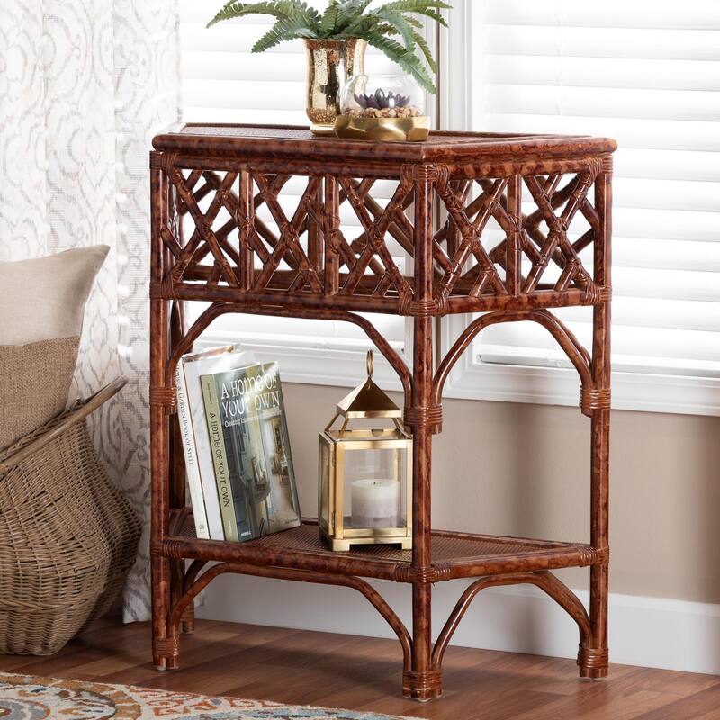 Gaspar Marbled Tortoise Natural Rattan Console Table - Handcrafted Accent Table with Chippendale Design, Coastal Tropical Style