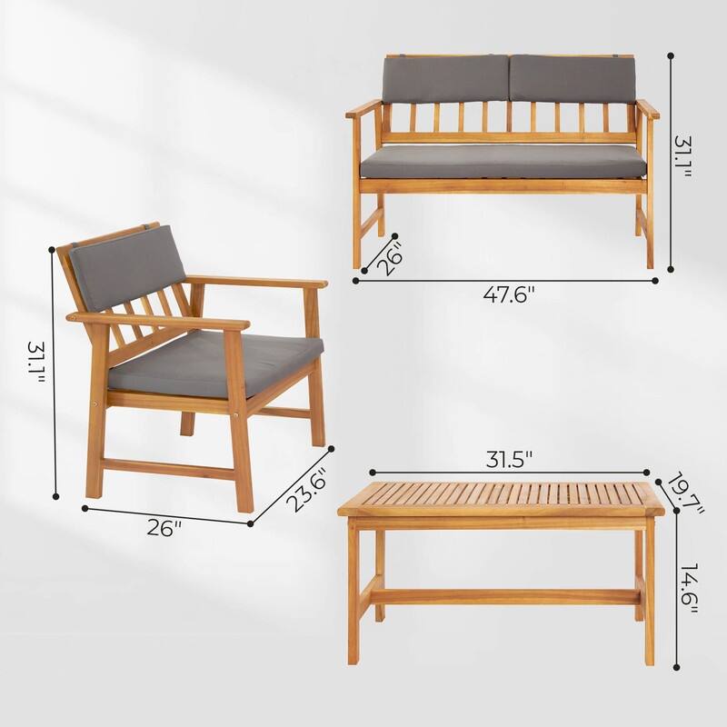 4 Piece Outdoor Patio Conversation Set with Soft Cushions and Coffee Table