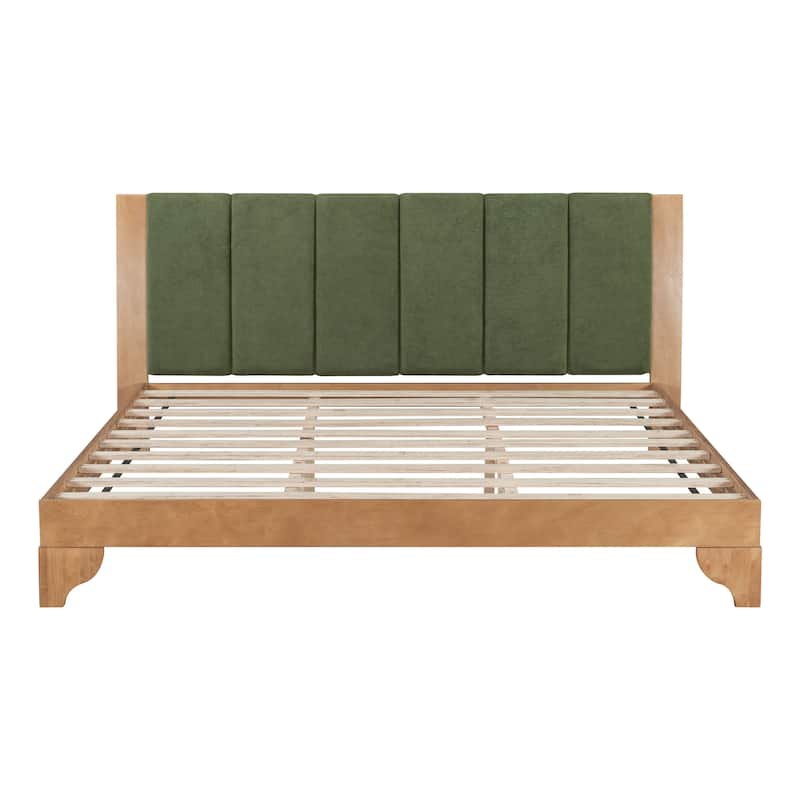 Pine Wood Bed Frame Mid Century Modern Platform Bed with Green Upholstered Headboard, Wood Slat Support Low Profile Wingback Bed