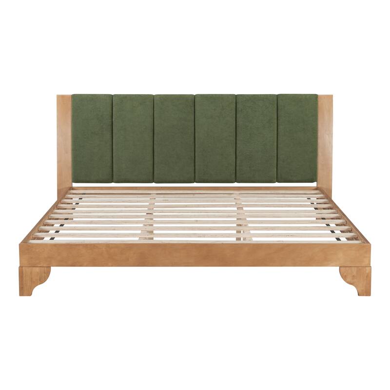 Solid Pine Wood Bed Frame, Mid Century Modern Platform Bed with Upholstered Headboard, No Box Spring Needed