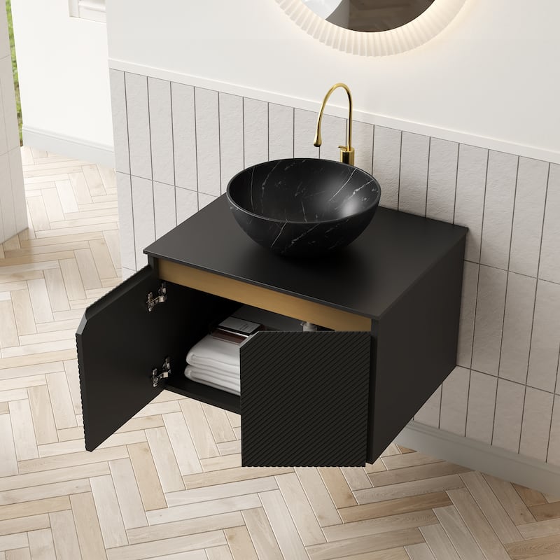 24" Bathroom Vanity & Sink, Wall-Mounted Floating Plywood Storage Cabinet, Twill Double Doors with Metal Trim