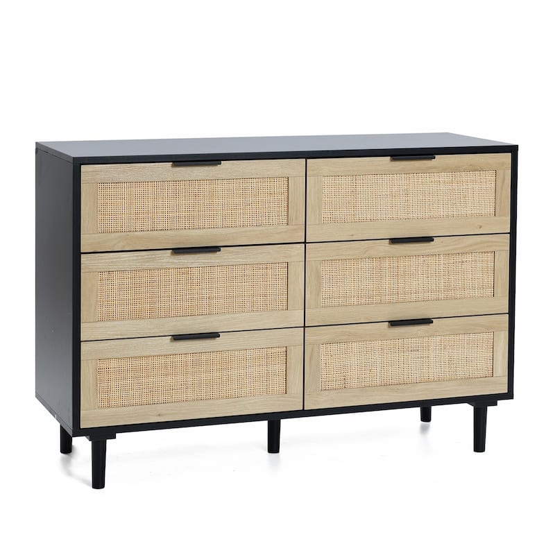 Black and Brown Manufactured Wood 6-Drawer Rattan Dresser
