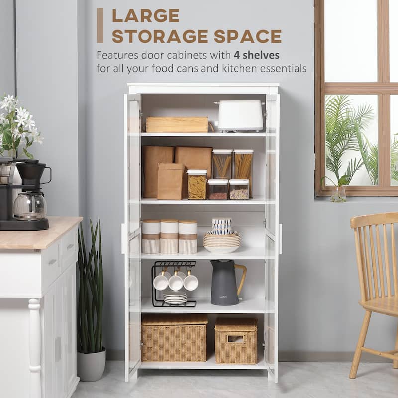 HOMCOM Freestanding Kitchen Pantry, 5-tier Storage Cabinet with Adjustable Shelves and 2 Glass Doors, White