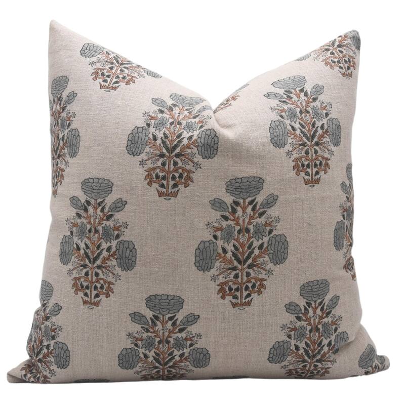 Fabdivine Handmade Linen Throw Pillowcase for Couch and Lounge Room Block Print Grey Floral Decorative Cushion Cover, Swadesh - Pillow Covers - Swadesh- Gray, Brown - 14" x 36"