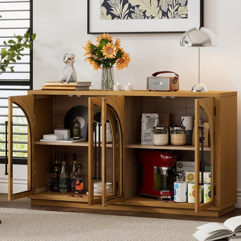 Retro Style Wood Buffet Sideboard with 4 Arched Glass Doors, Kitchen Storage Side Cabinet with Adjustable Shelves