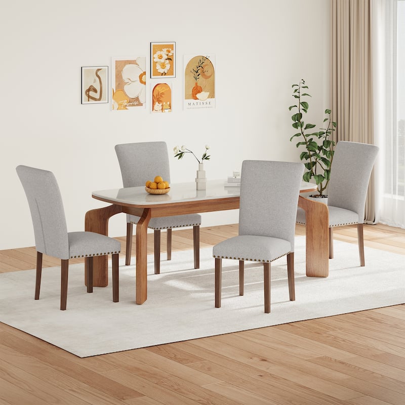 Upholstered Parsons Dining Chairs Set of 2/4/6, Fabric Dining Room Kitchen Side Chair with Nailhead Trim and Wood Legs