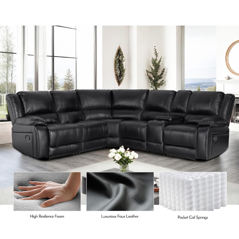 6PCS, 2 Manual Recliners, Faux Leather Reclining Sectional with Center Console