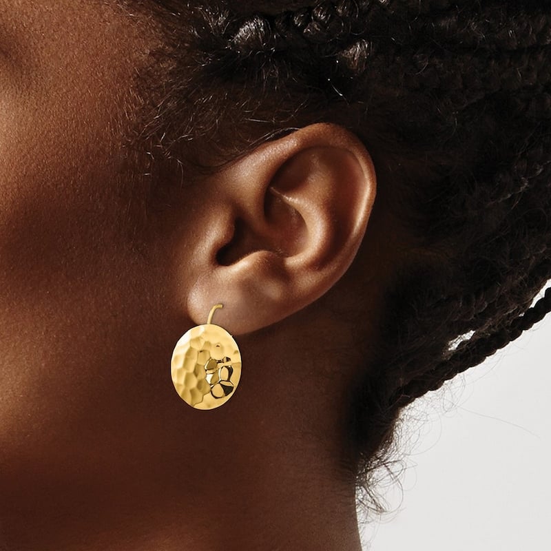 Curata 14k Yellow Gold Polished French-wire Hammered Circle Earrings (18mm x 23mm)