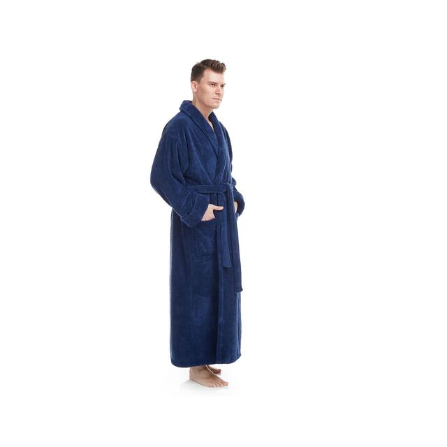 Men's Shawl Collar Premium Fleece with Full Ankle Length Bathrobe - S-M Ankle Length - Navy Blue