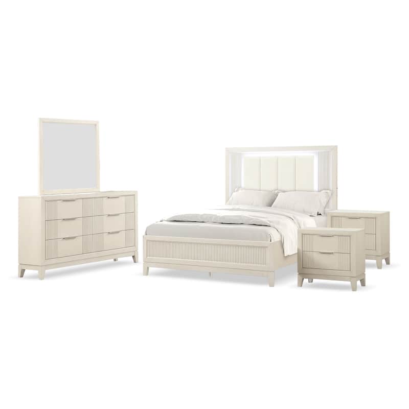 Furniture of America Irwin 5-Piece Antique White Wood Panel Bedroom Set with LED Headboard