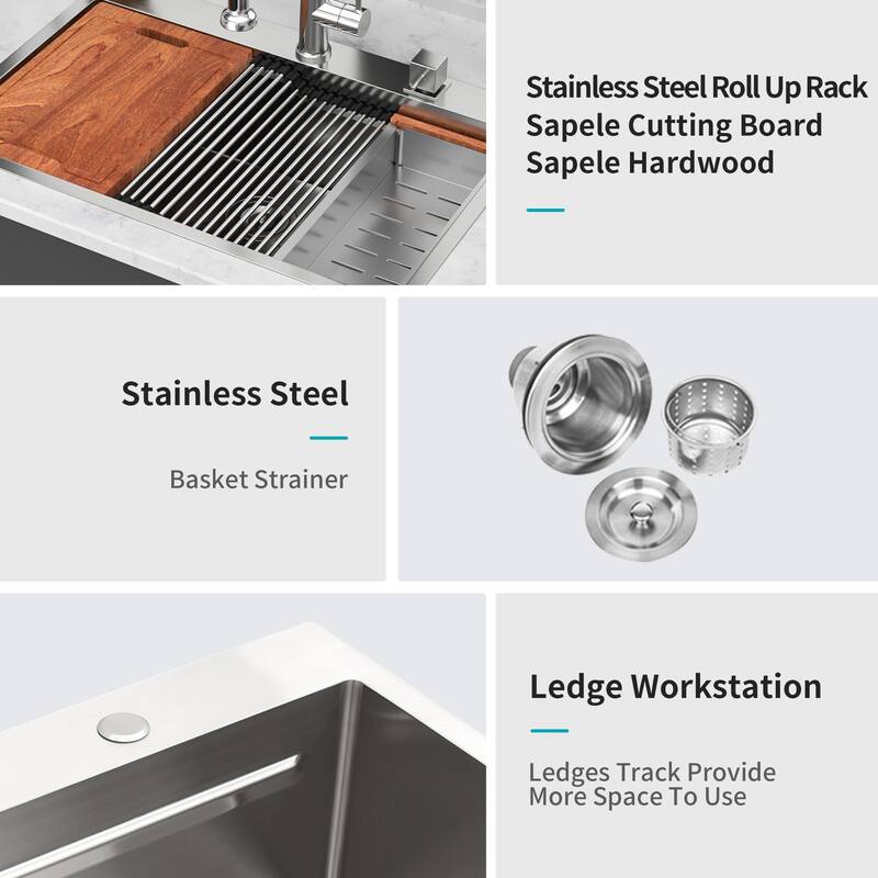 33" Drop in Kitchen Sink Single Bowl 16 Gauge Stainless Steel Ledge Workstation Kitchen Sink - Brushed Nickel
