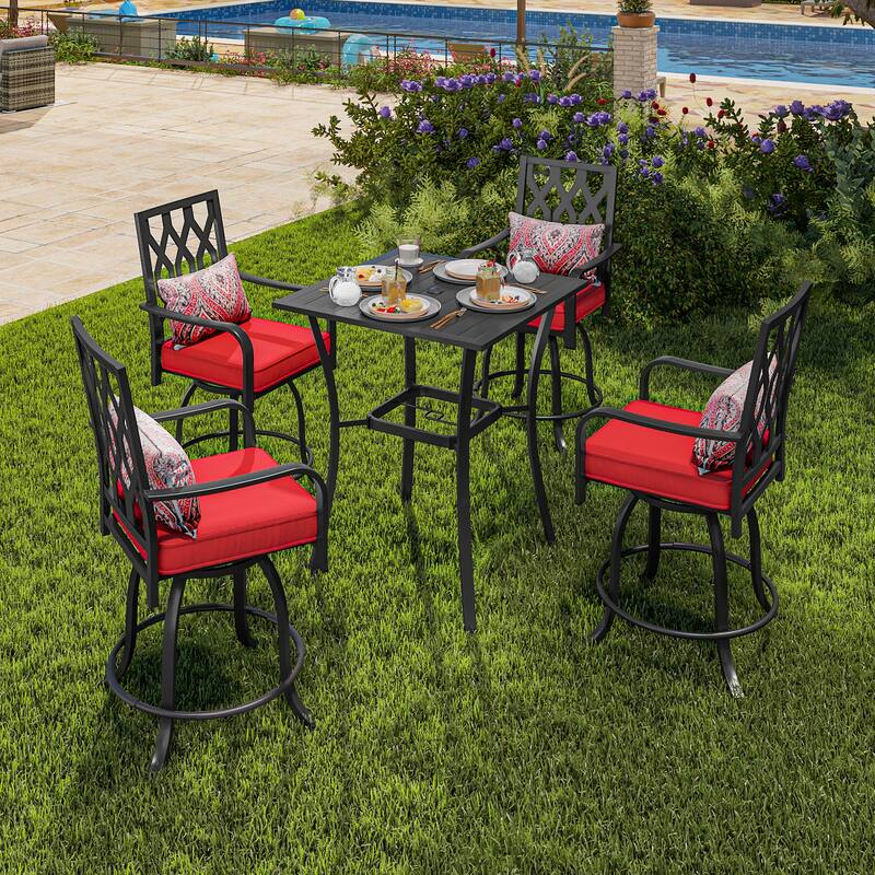 Outdoor 4-Person Patio Dining Set with Red Cushion Chairs, Metal Table - Black