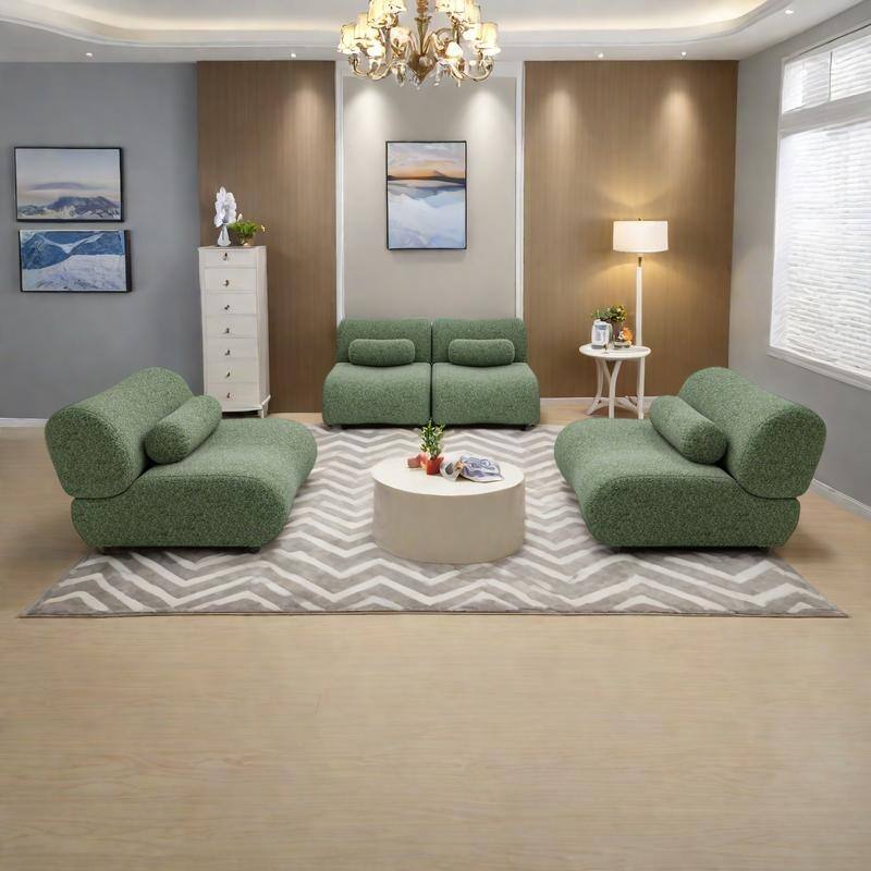 Chenille Modular 4-Seater Sectional Sofa Set with Cylindrical Pillows and 70° Reclined Backrest - Green