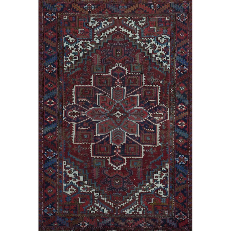 Heriz Persian Vintage Area Rug Hand-Knotted Red Wool Carpet - 7'4" x 10'9"