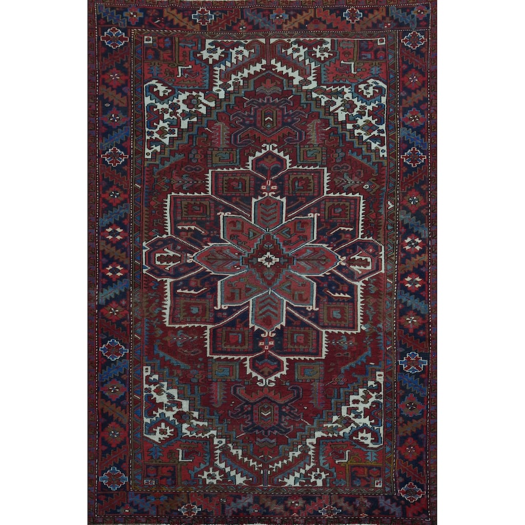 Heriz Persian Vintage Area Rug Hand-Knotted Red Wool Carpet - 7'4" x 10'9"