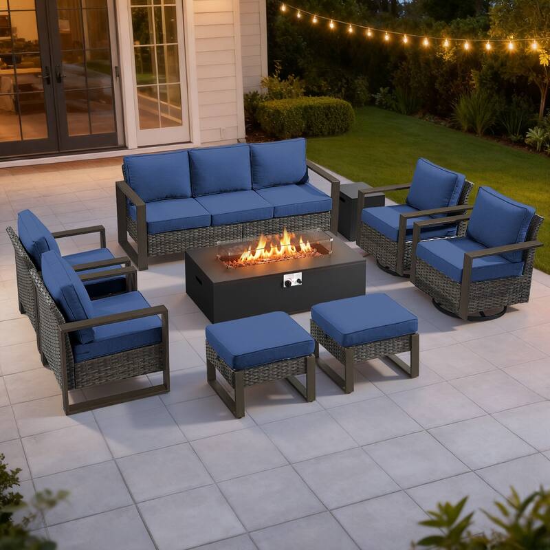 Meyreso Wicker Outdoor Patio Fire Pit Set with Swivel Gliders and 4.5-Inch Olefin Cushions - Gray / Navy Cushions - 8-Piece