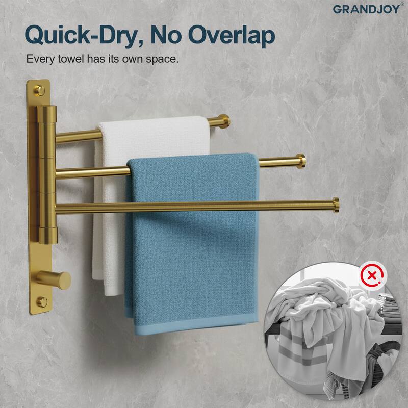 GRANDJOY Wall-Mounted Stainless Steel Swivel Towel Bar with 3 Rotatable Arms
