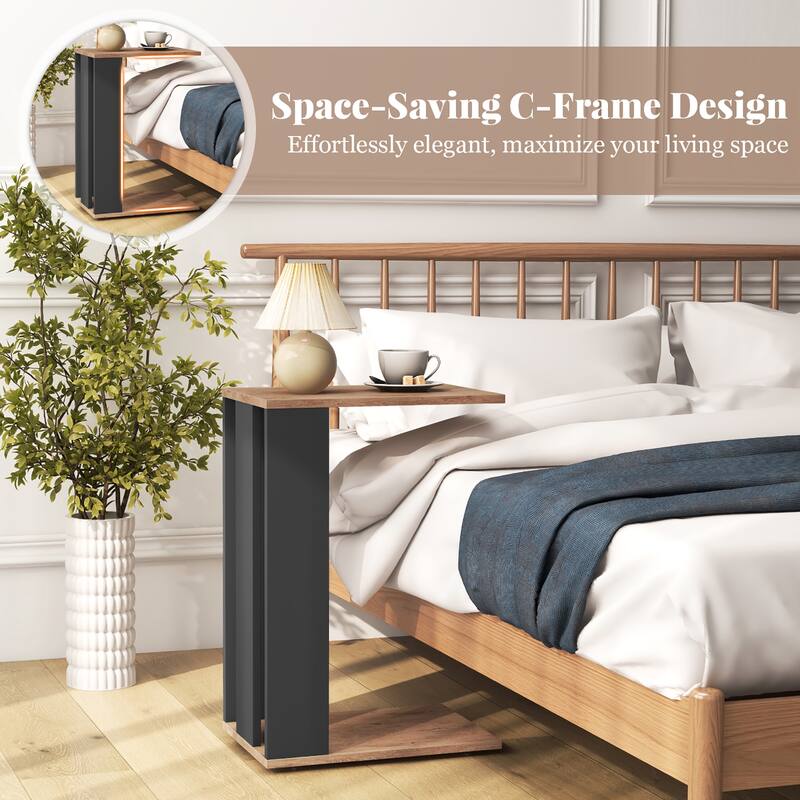 Gymax 2PCS 2-Tier C Shaped Side Table w/ Universal Wheels & Shelf for