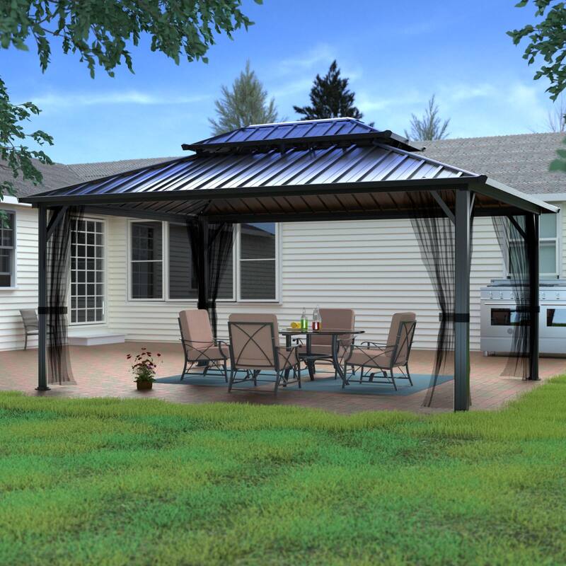 VEIKOUS Aluminum Double Hardtop Gazebo Pergola for Patio, Lawn, and Garden with Removable Netting