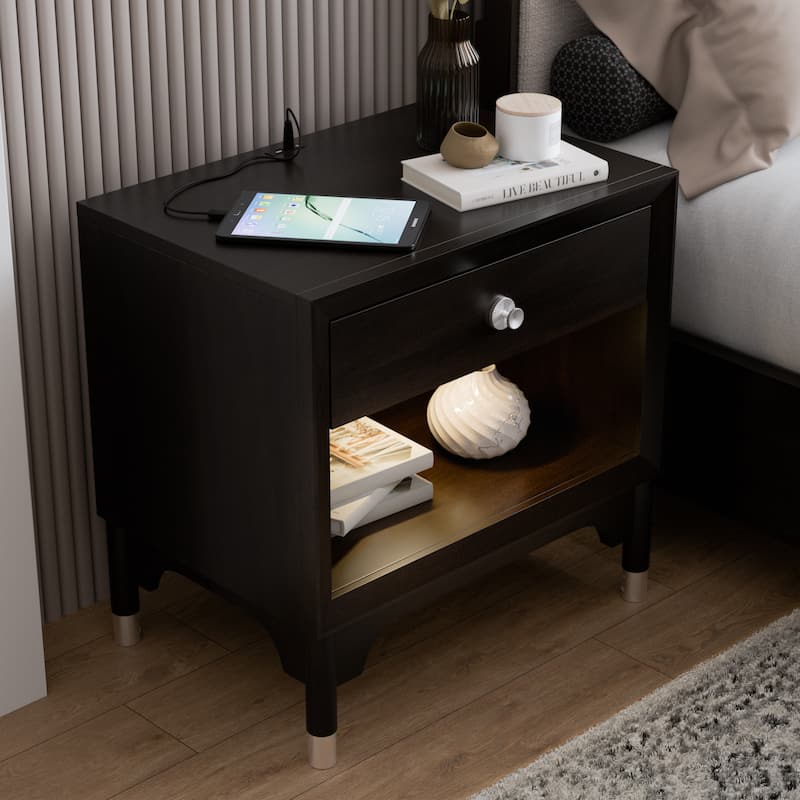 Furniture of America Forma Mid-Century Modern Balck Solid Wood Nightstand With LED Light and USB Ports