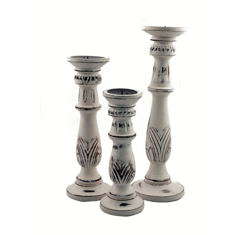 Taki Distressed Mango Wood Pillar Shaped Candle holder, Set of 3, White