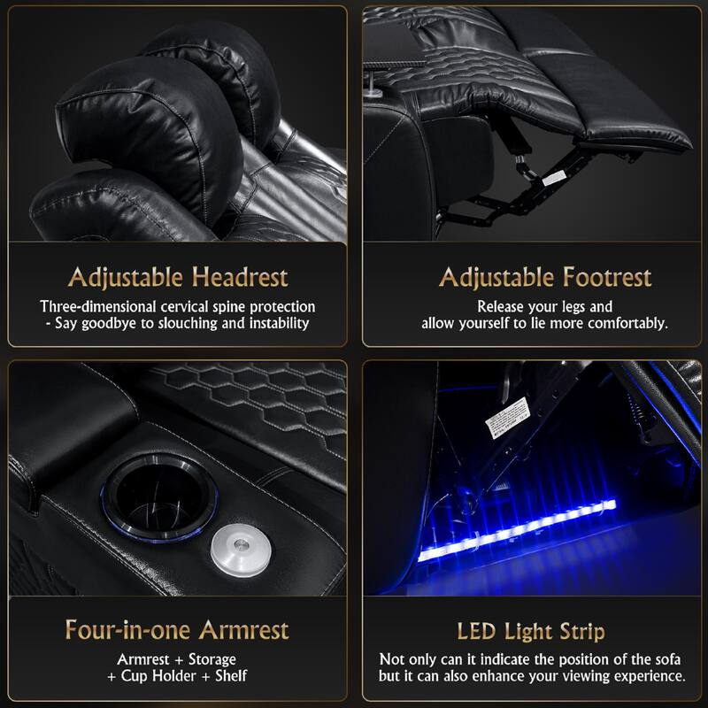 Roomfitters 62" Power Recliner Set (2-Piece), Top-Grain Nappa 11000 Leather, RGB LED & USB-C Charging, Black