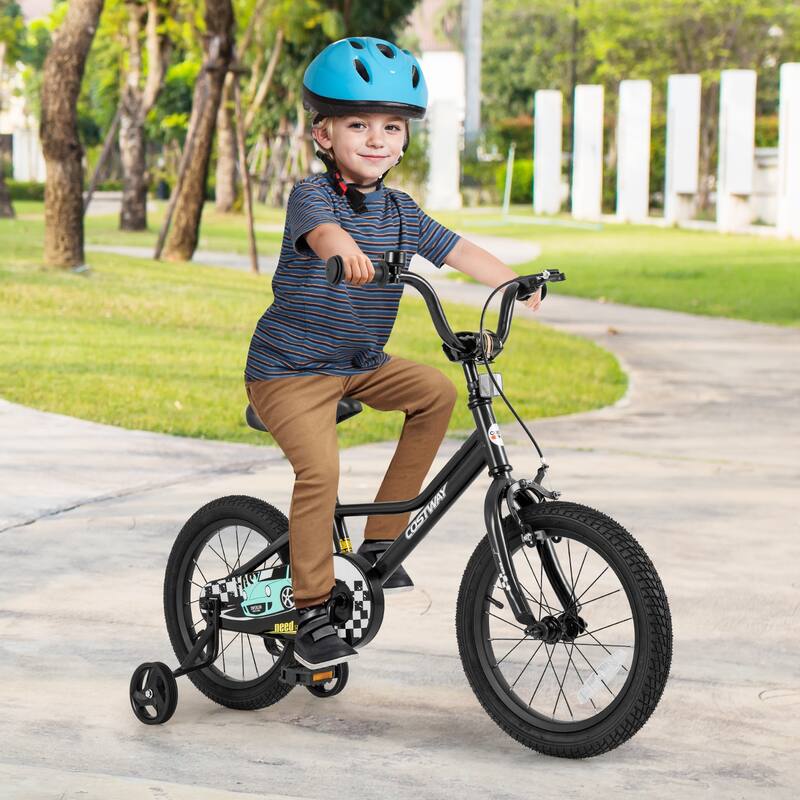 Black Kids Adjustable Bike with Training Wheels and Enclosed Chain Guard Dual Brake System - 16 Inch