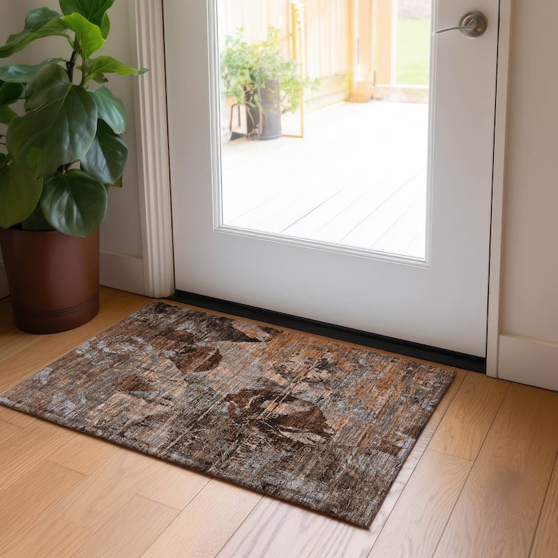 Machine Washable Indoor/ Outdoor Abstract Leaves Chantille Rug - Terracotta - 1'8" x 2'6"