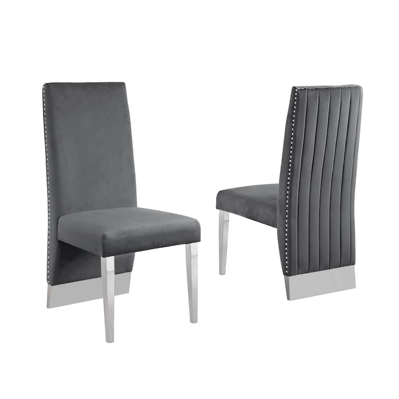 Best Quality Furniture Dining Chair includes Pleated Back, Nailhead-Trimmed, Chrome-Legged Chair (Set of 2) - Dark Grey