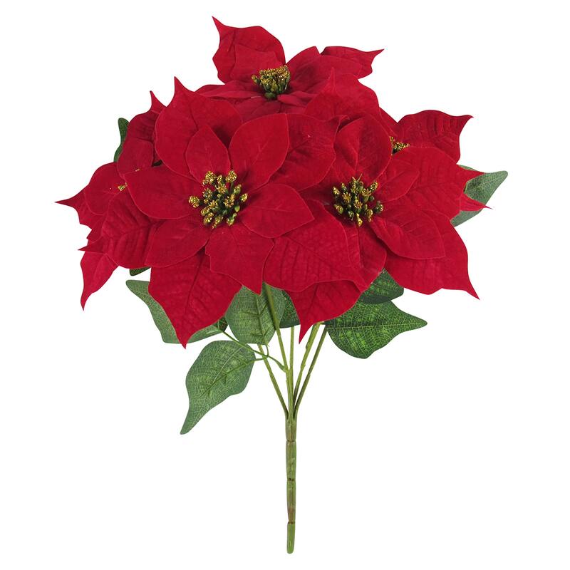 Set of 2 Artificial Poinsettia Red Velvet Gold Glitter Christmas Flower Stems Bush Bouquet 16in