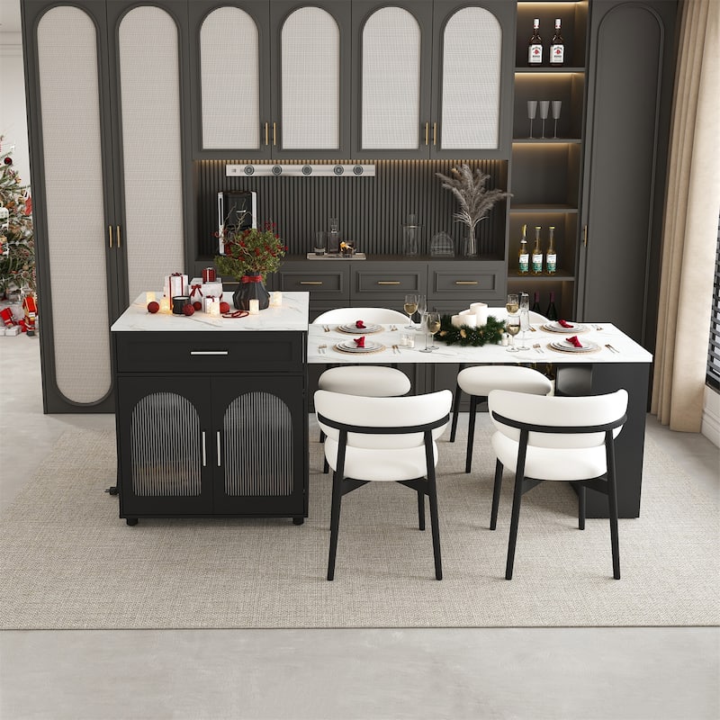80" Expandable Kitchen Island with Dining Table, Mobile Storage Cart with Cabinet