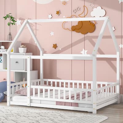 Full Size Floor Wooden Bed with House Roof Frame