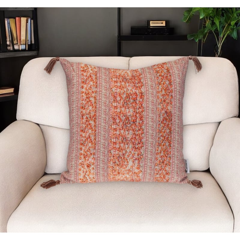 18" Pink and Orange Cotton Throw Pillow with Tassels - Polyester - Single - 18.00 in. x 18.00 in.  x 7.00 in. - Pillow Sets - Orange/Pink