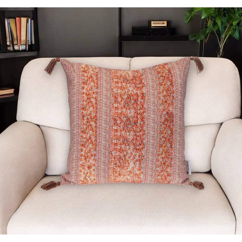 18" Pink and Orange Cotton Throw Pillow with Tassels