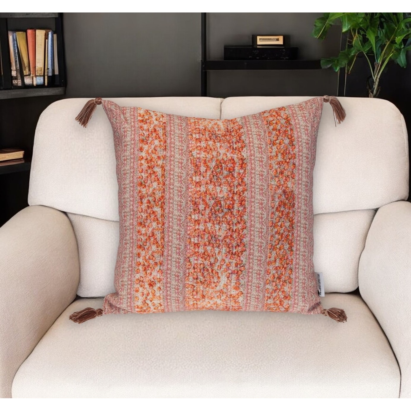 18" Pink and Orange Cotton Throw Pillow with Tassels