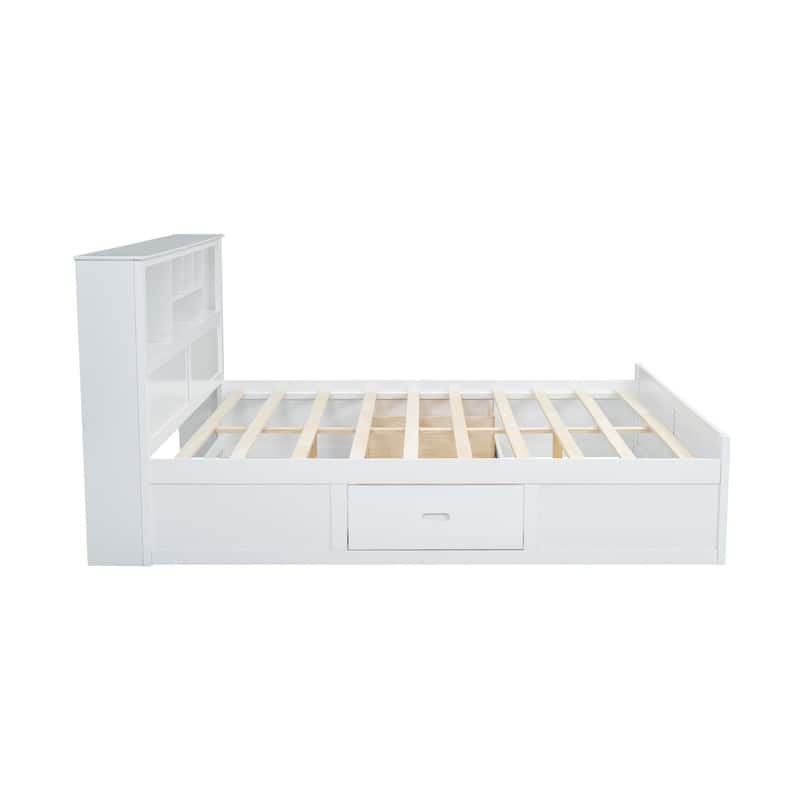 Solid Wood Bed Frame with Storage Bookcase Headboard and 2 Drawers, King Size Platform Bed with USB Port and Storage Shelves